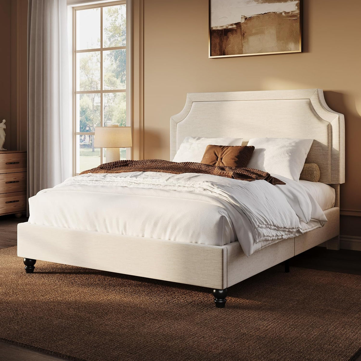 SHA CERLIN Queen Chenille Upholstered Platform Bed Frame, Beige