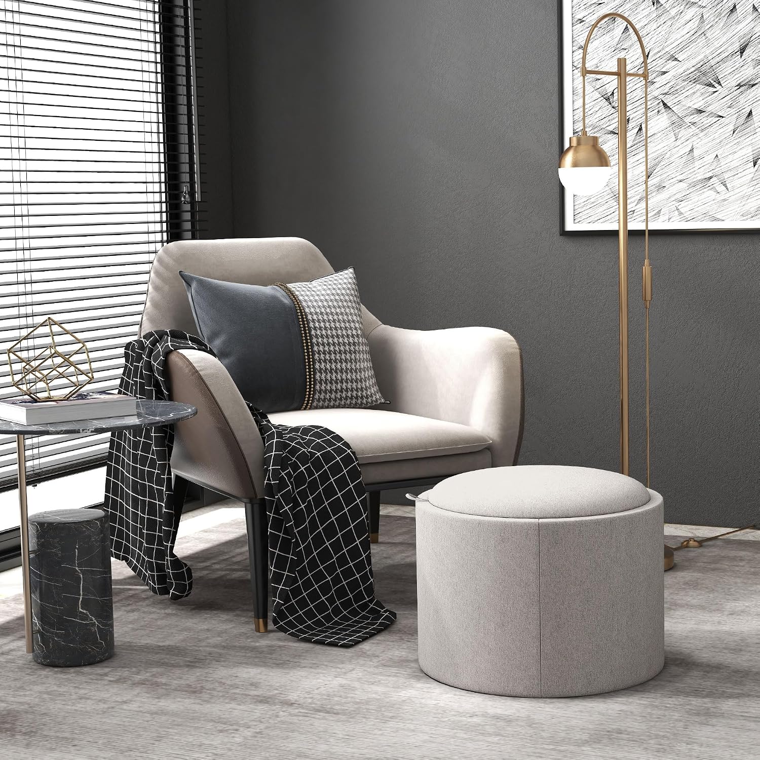 HOMCOM Round Storage Ottoman with Flip Top Tray, Footstool, Light Gray | Upholstered Fabric, Small Coffee Table, Hidden Compartment, Accent Vanity Stool, Living Room