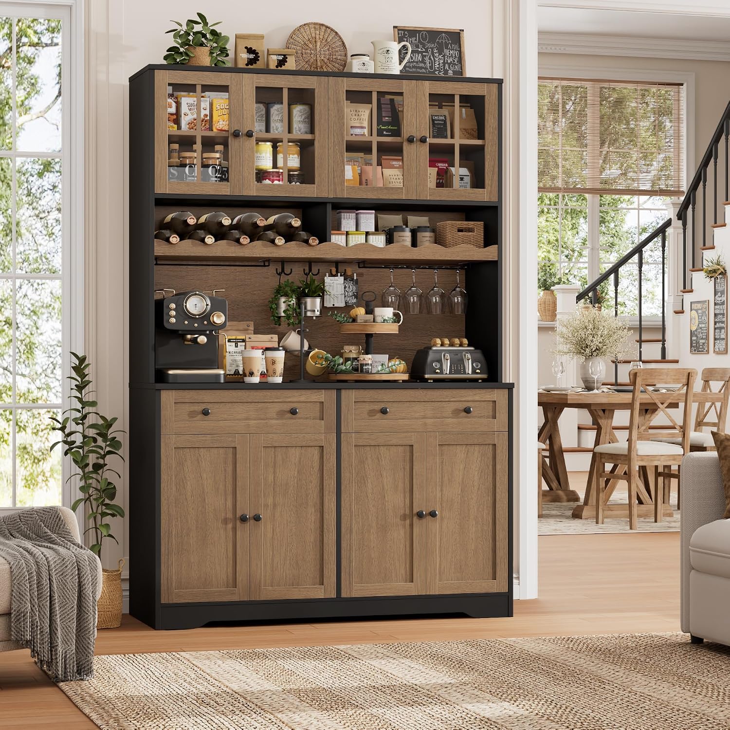 HOSTACK 75" Kitchen Pantry Storage Cabinet, Coffee Bar Hutch Cabinet, Brown | Tall Pantry Cabinet with Charging Station / Wide Countertop / Glass Doors / Wine Rack / Cup Holder / Drawers, Dining Room