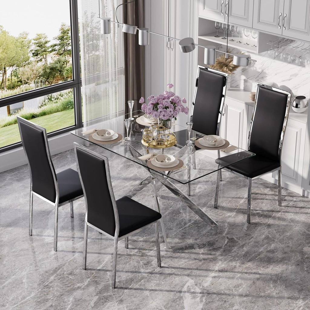 Modern Glass Dining Table Set for 4, 5-Piece Rectangular Kitchen Table Set with Silver Sturdy Metal Legs&4 Black Faux Leather Dining Chairs for Home Dining Room Kitchen