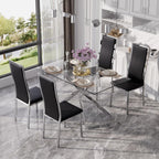Modern Glass Dining Table Set for 4, 5-Piece Rectangular Kitchen Table Set with Silver Sturdy Metal Legs&4 Black Faux Leather Dining Chairs for Home Dining Room Kitchen