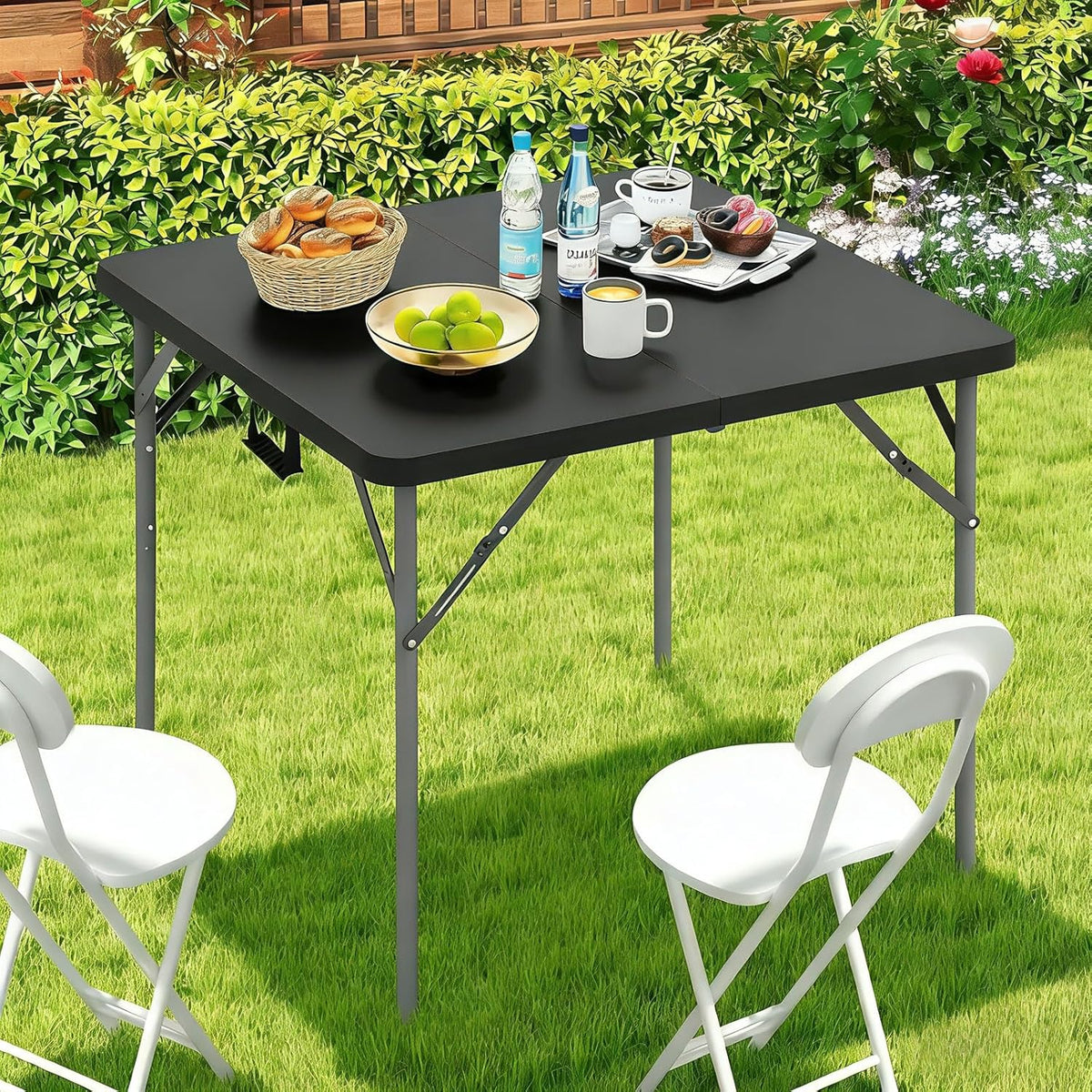 34" Square Plastic Folding Card Table - Portable Outdoor Dining Table with Collapsible Legs & Carrying Handle, Heavy Duty Plastic Table for Camping, Picnic, Office & Home(Black)
