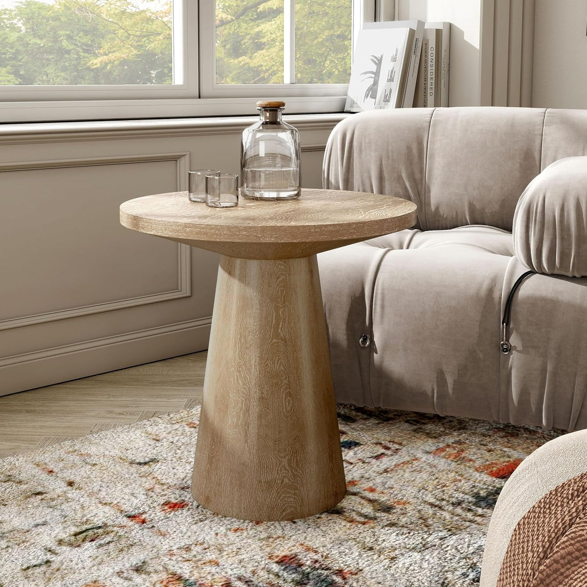 Furniture of America Crambel Modern Solid Rubberwood 20-inch Round End Table with Cone-Shaped Pedestal Base, Living Room Furniture for Small Space, Home Office, Oak Finish
