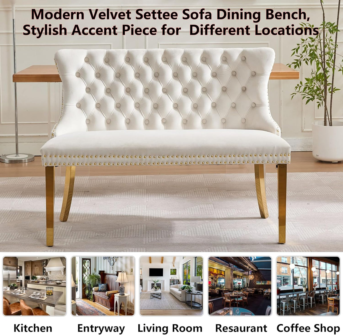 Upholstered Dining Bench with Back Button Tufted Settee Benches Small Loveseat Sofa Couch for Small Spaces,Entryway,Kitchen Banquettee Seating Sofa Benches with Backrest (Beige, Dining Bench)