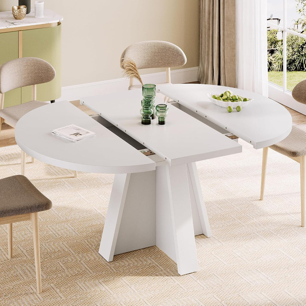 iPormis 43.3in-59in Extendable Round Dining Table for 4-6, Modern Wooden Kitchen Table for Dining Room, Adjustable Size Oval Circle Dinner Tables Furniture for Kitchen Living Room, White