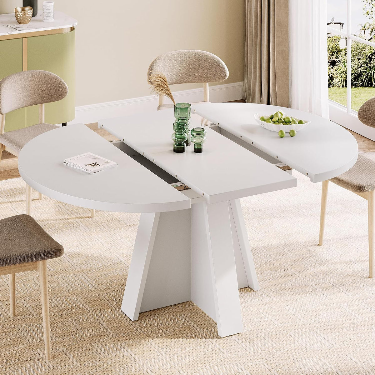 iPormis 43.3in-59in Extendable Round Dining Table for 4-6, Modern Wooden Kitchen Table for Dining Room, Adjustable Size Oval Circle Dinner Tables Furniture for Kitchen Living Room, White