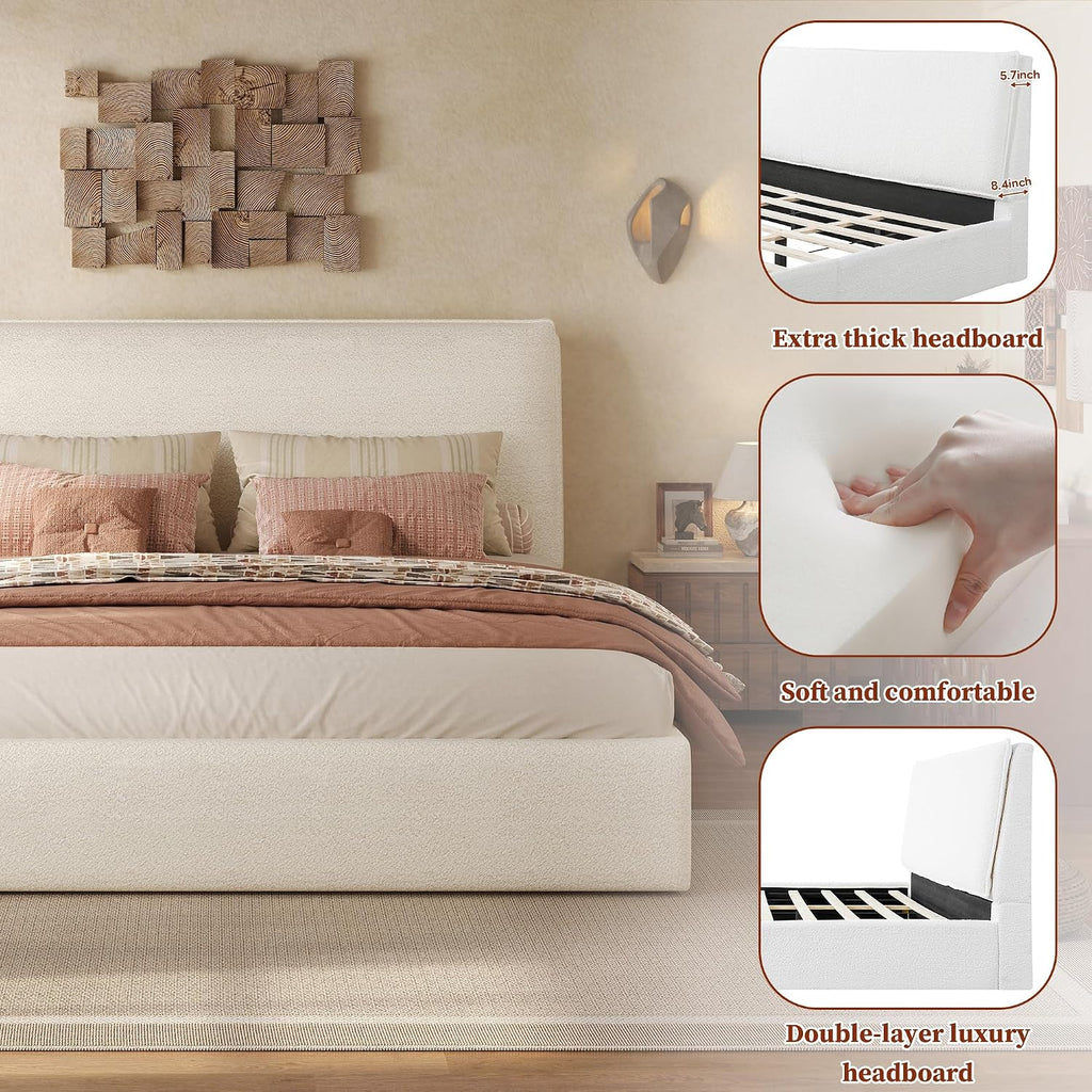Christopher Knight Home Jamaiya Boucle Upholstered Queen Size Bed Frame with Headboard, Modern Queen Bed Frame and Headboard, Wooden Slats Support, Easy Assembly, No Box Spring Needed, White