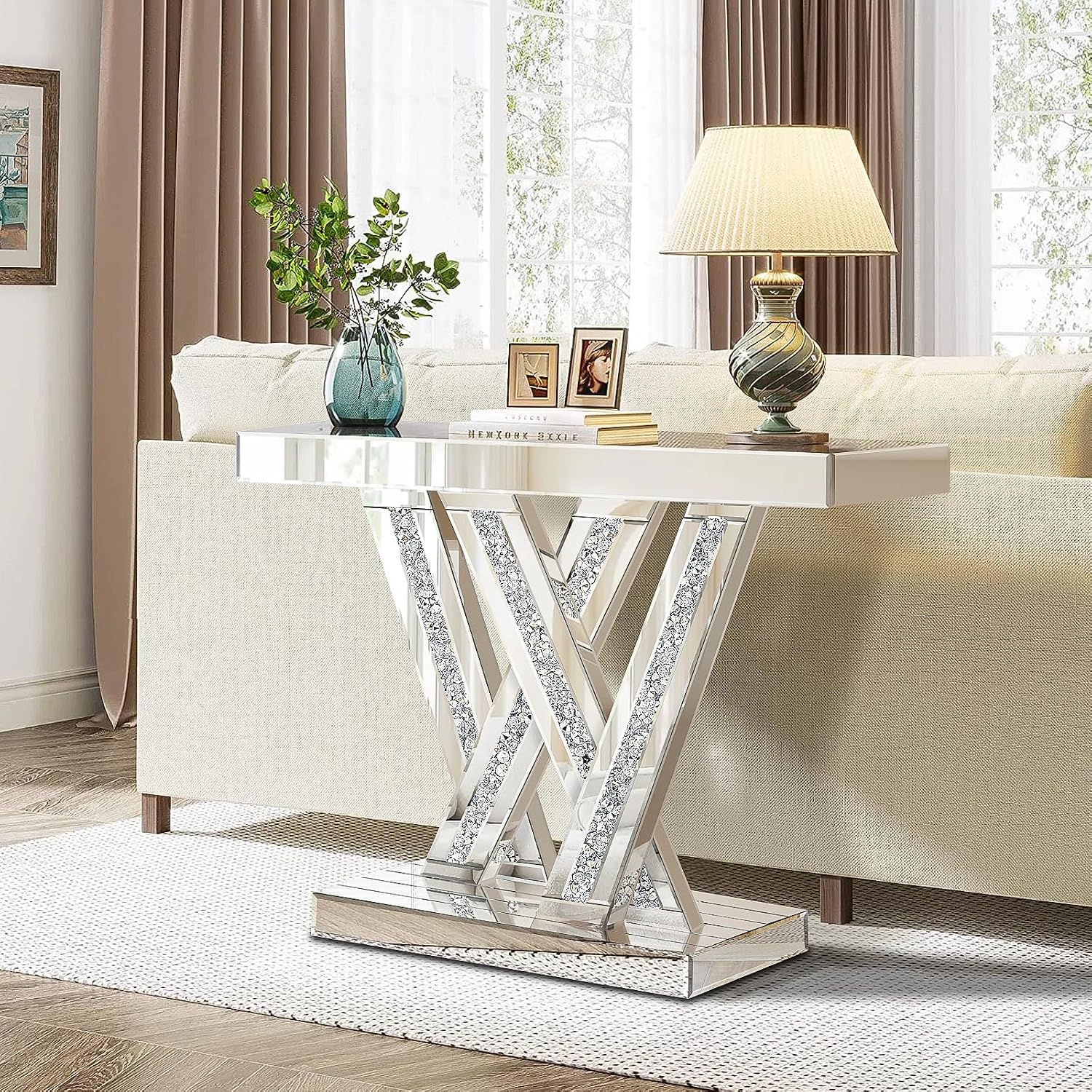 Modern Entryway Console Table with Crushed Diamond Inlay, 35.43" Silver Mirrored Glass Hallway Table for Entryway, Glam Decorative Sofa Tables for Living Room