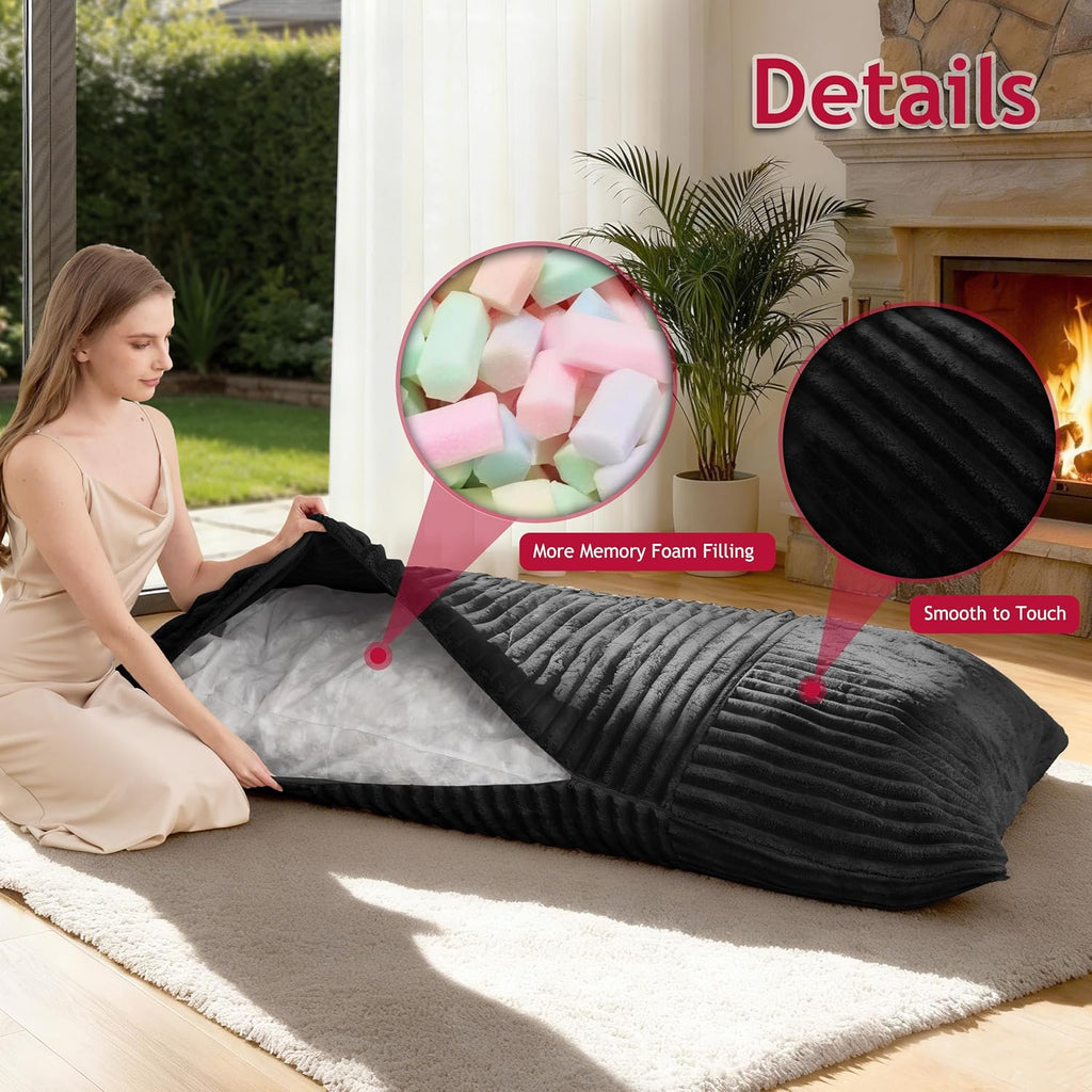 3 in 1 Bean Bag Chair with Memory Foam Filling, Beanbag for Adult 6 Colors, Machine Washable Flannel Cover, Soft Cozy for Bedroom, Living Room, Covered Outdoor Spaces Black