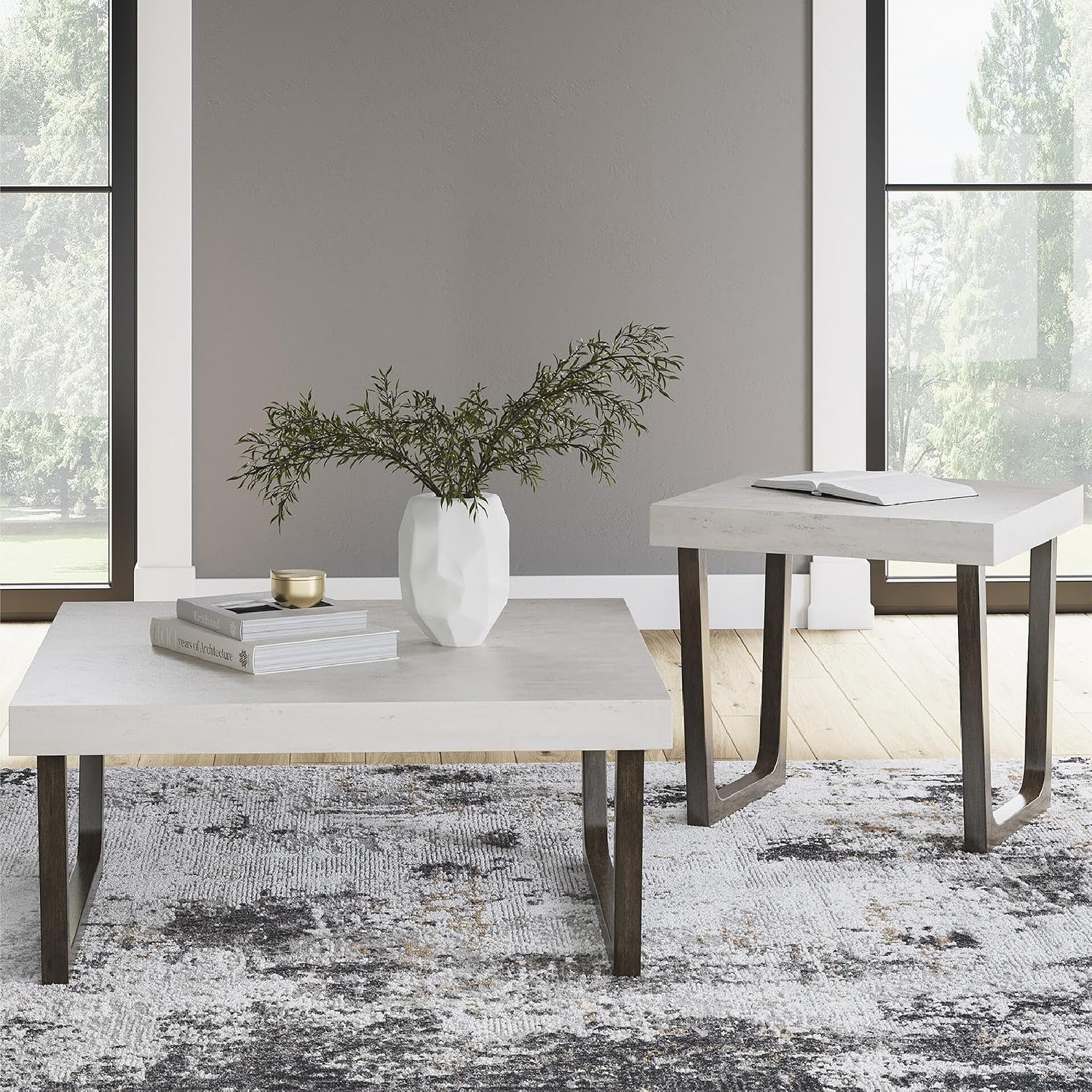 Signature Design by Ashley Westenfort 2-Piece Square Coffee Table Set | Square coffee table and end table sets with light gray faux cement melamine laminate tops, Dark espresso brown hardwood legs