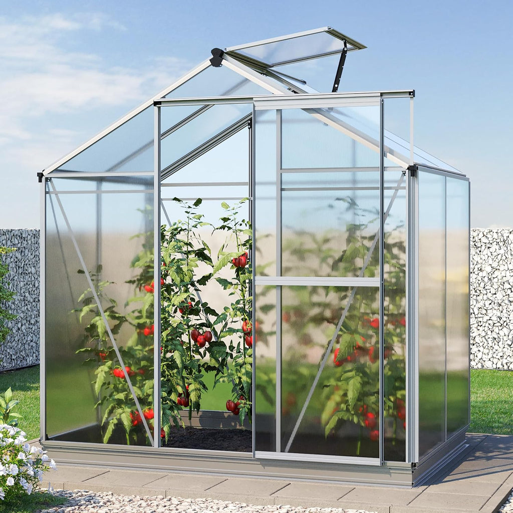 Greenhouse Jasmin 2 Aluminum Frame - 6.3 x 4.3 ft Approx. 6 mm Polycarbonate Panels - Bonus Base Frame and Automatic Vent Opener