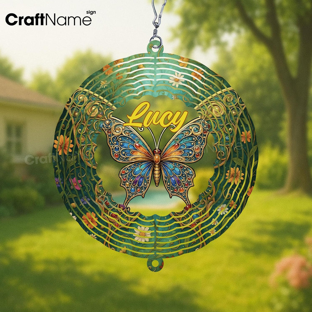 Personalized Butterfly Wind Spinner 3D Stainless Steel, Butterfly Garden Spinner Hanging Outdoor Decor, Wind Spinners Outdoor, Custom Gift for Grandmother, Mom, Wife