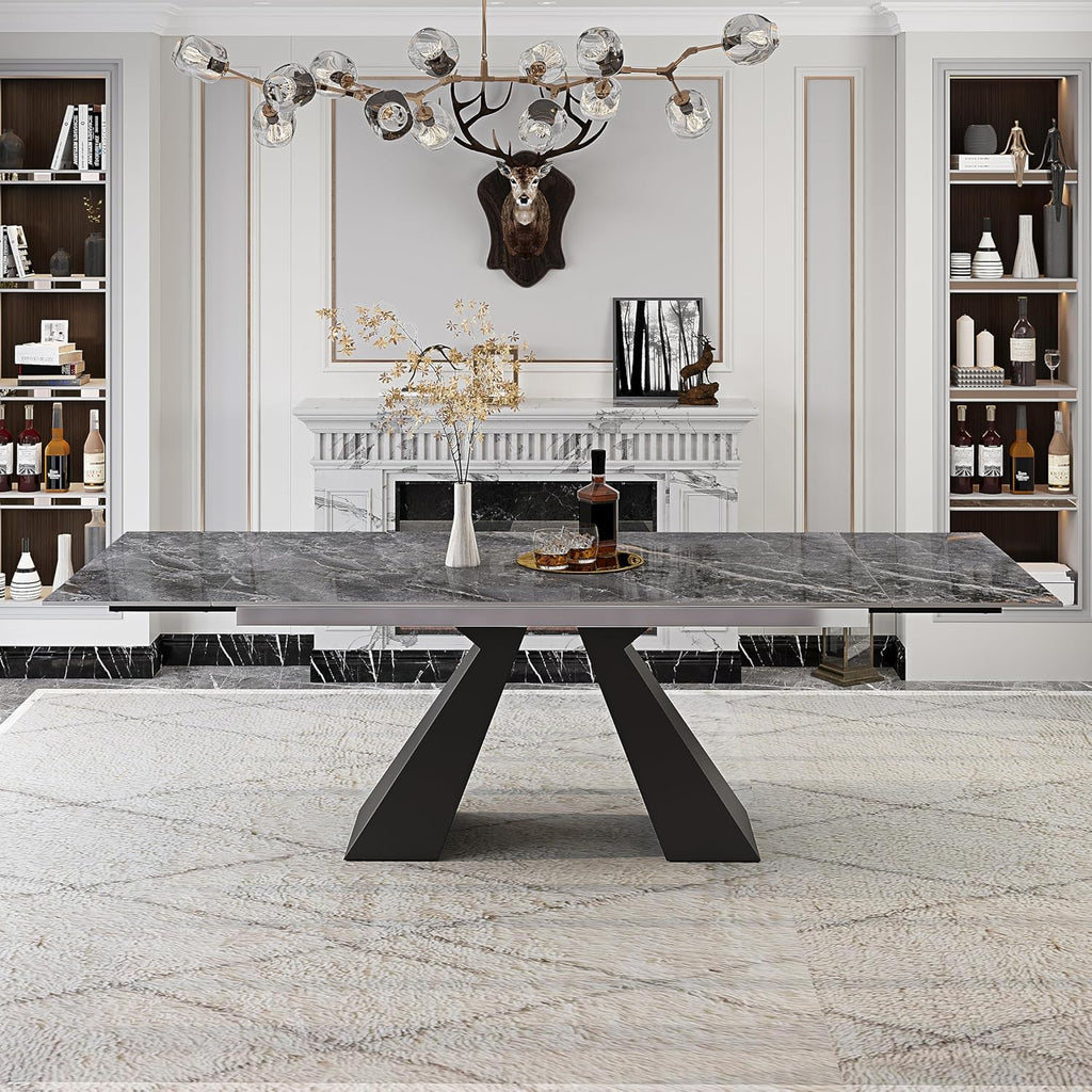 Telescoping Faux Marble Table 63-94.49" Adjustable Length 8-10 People Heavy Duty Carbon Steel Base for Kitchen Dining Room Family Party (62.99''-94.48'' Bonnes)