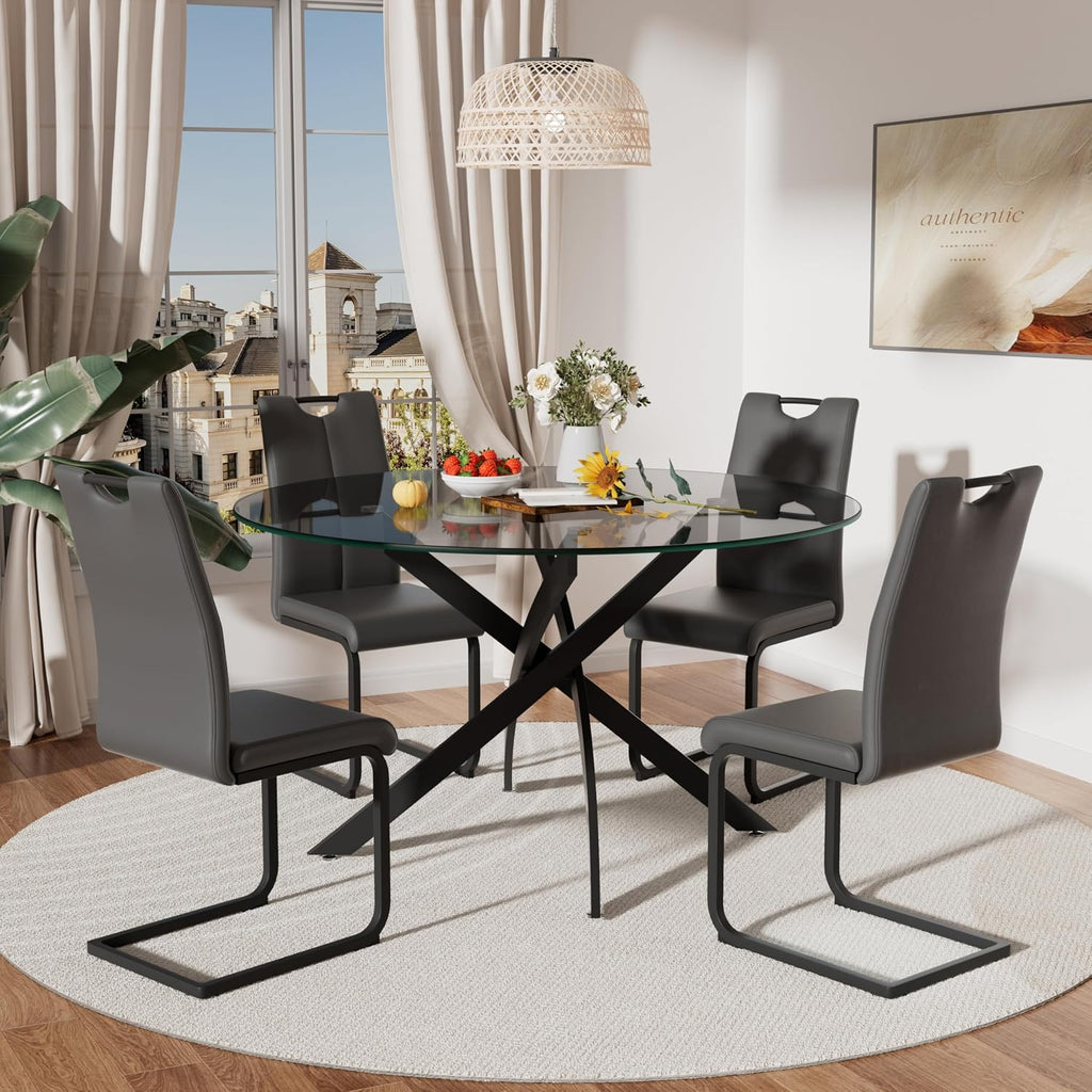 RGZ 5 Pieces Modern Round Kitchen Set, Clear Grey Circle Glass Dining Table with Dark Grey PU Faux Leather Chairs Set of 4, 47'' Large Luxury Circular Dinner Room Set, for Leisure Apartment (Black)