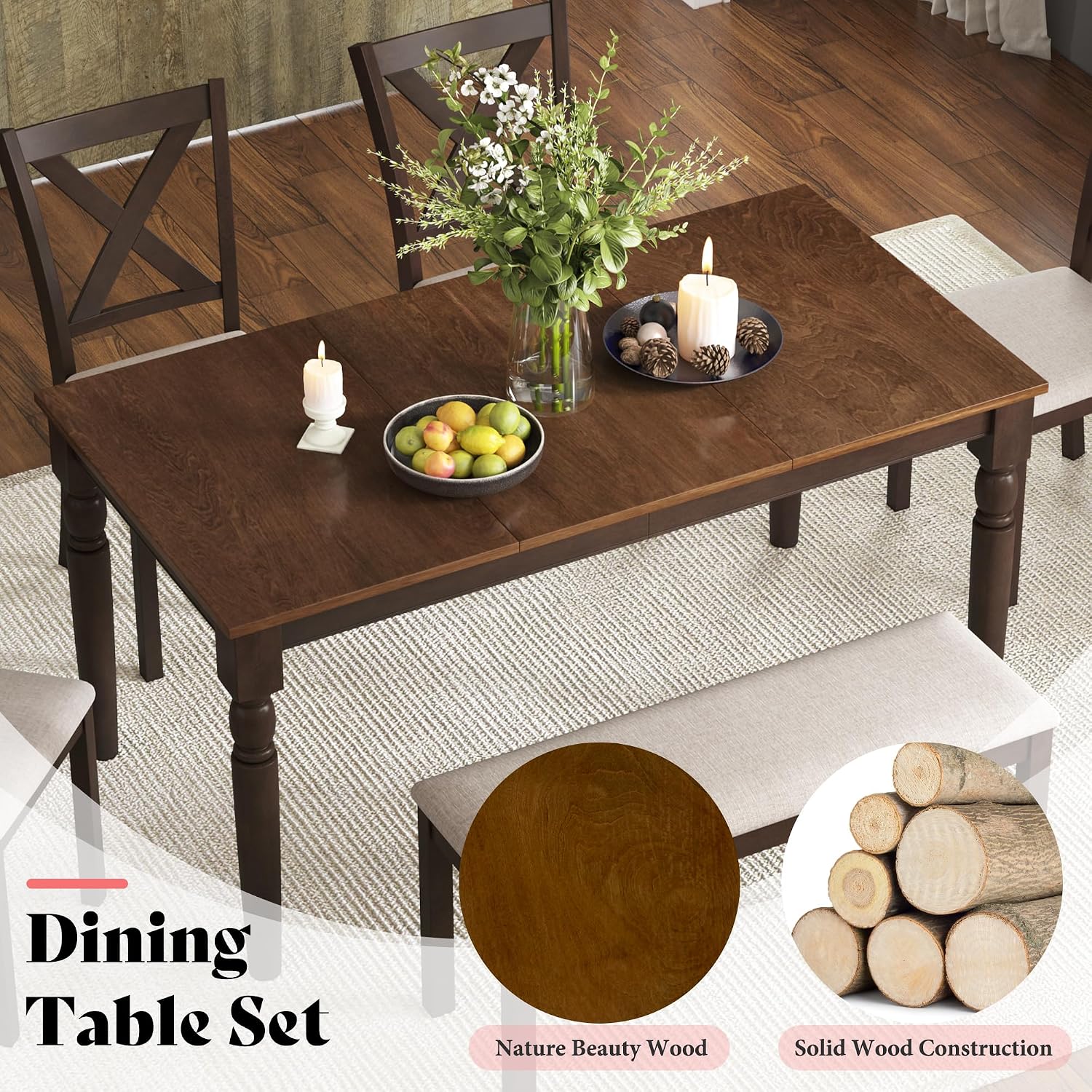 AMERLIFE 6-Piece Farmhouse Dining Table Set for 6-7, 60" Solid Wood Kitchen Table and Chairs, 1 Dining Table, 4 Upholstered Chairs and 1 Bench, Rustic Dining Room Set, Brown