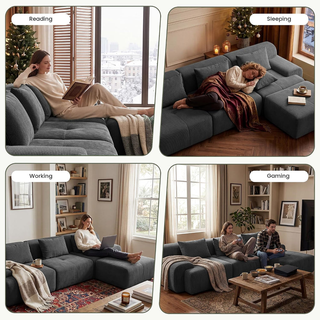 GRUSIGN 118'' Modular Sofa,Sectional Couch for Living Room | Tufted Oversized L Shape Deep Seat Couch with Ottoman & 3 Throw Pillows,Corduroy Cloud Couch,Dark Grey
