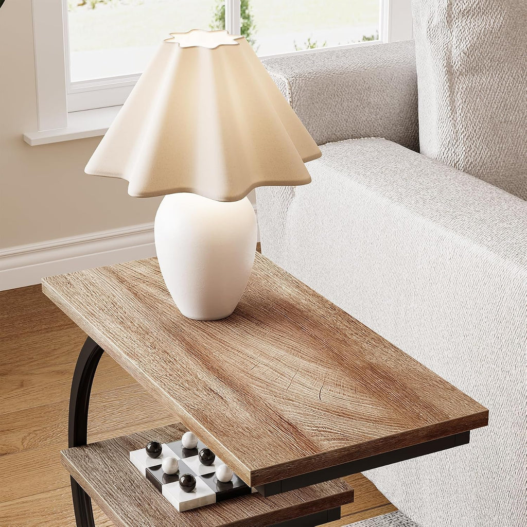 LITTLE TREE End Table, Narrow End Table with 3 Storage Shelves, Industrial C-Shaped Small Sofa Side Table for Living Room, Wood Slim Snack Table with Black Metal Frame, Oak