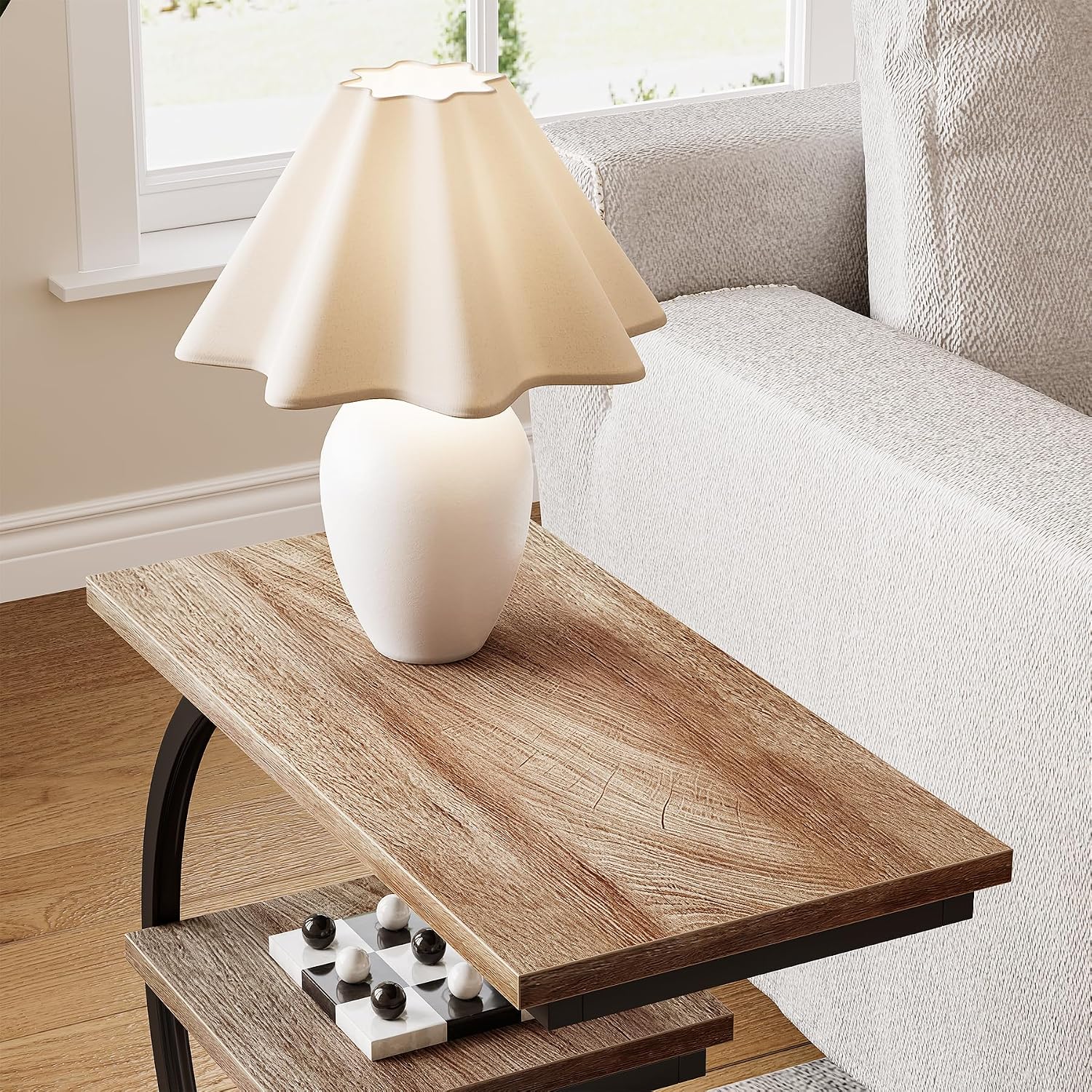 LITTLE TREE End Table, Narrow End Table with 3 Storage Shelves, Industrial C-Shaped Small Sofa Side Table for Living Room, Wood Slim Snack Table with Black Metal Frame, Oak