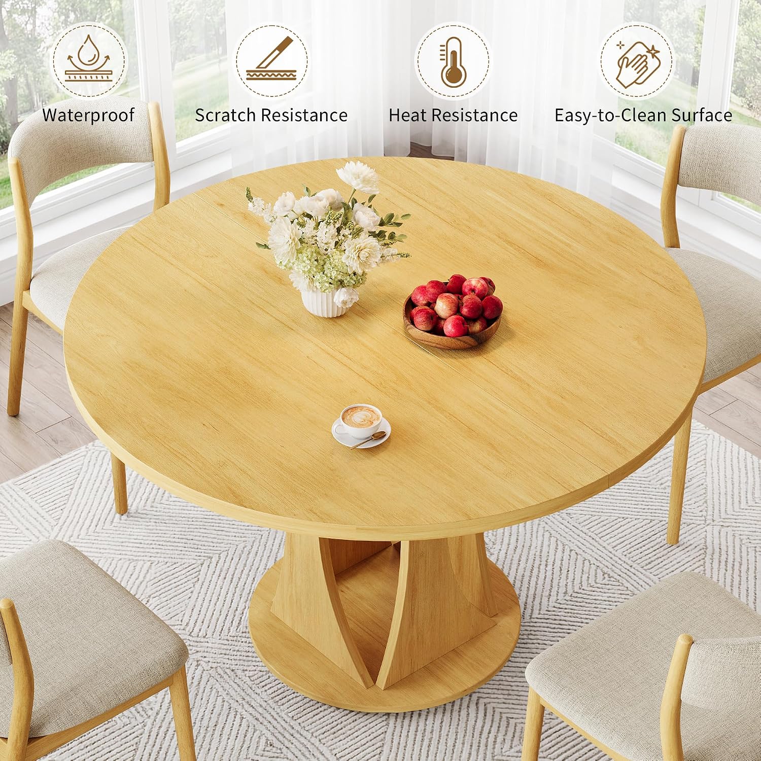 iPormis Round Dining Table, 47'' Kitchen Table for 4-6, Dining Room Dinner Table with Wooden Tabletop & Geometric Arcs Pedestal for Kitchen, Living Room, Home, Office, Oak