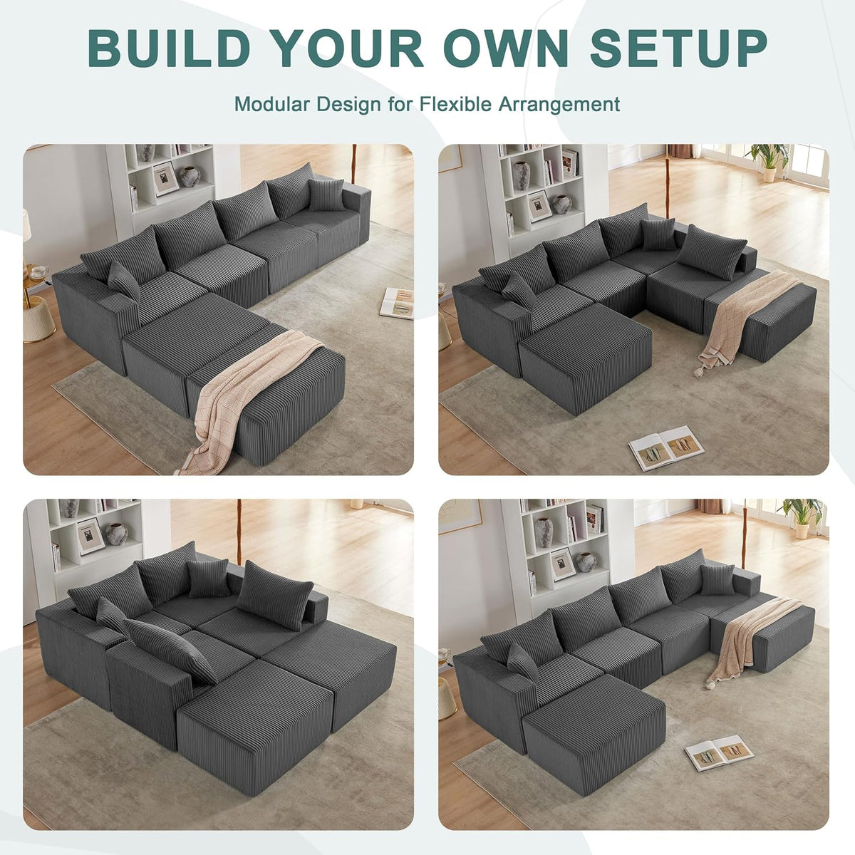 121" Couch, U Shaped Sofa, Sectional Couches for Living Room | Couches for Living Room, Cloud deep seat,modular sectional sofa, Converts to sleeper w/ Oversized ottoman（Grey)