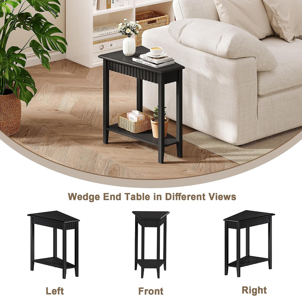 ChooChoo Wedge End Table, Narrow Triangle Side Table with 2-Tier Storage Shelf, Fluted Recliner Side Table for Corner, Living Room, Bedroom, Small Space, Black