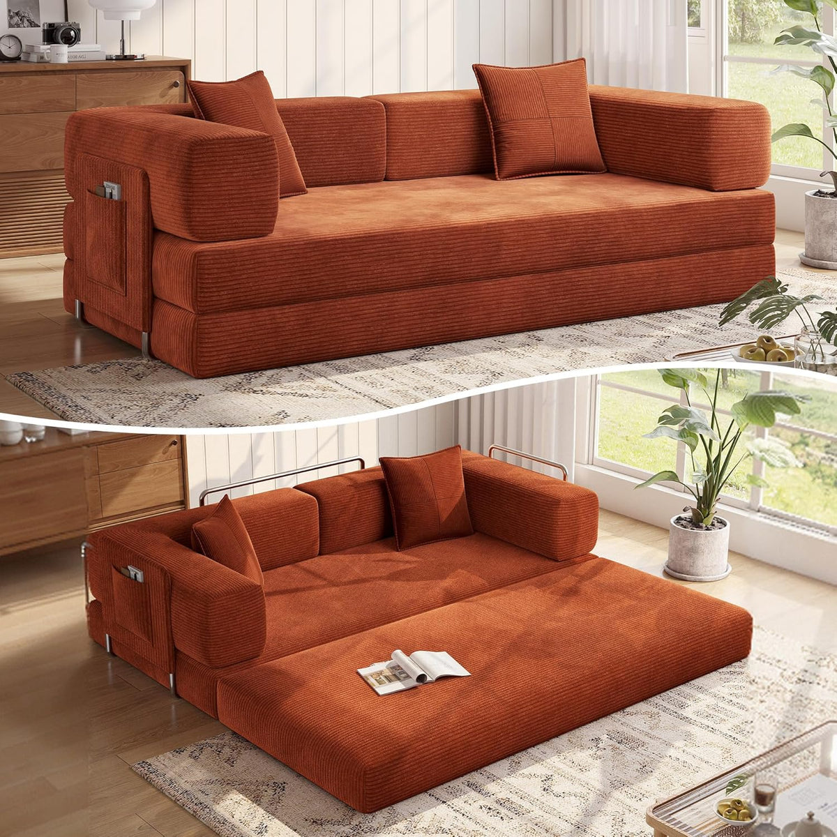 MoonSpeak 78.8'' Futon Sofa Bed, Couches for Living Room | Corduroy Convertible Futon Sofa Bed with Storage Pocket, Modular Sleeper Couch in a Box, No Assembly (Rust Red)