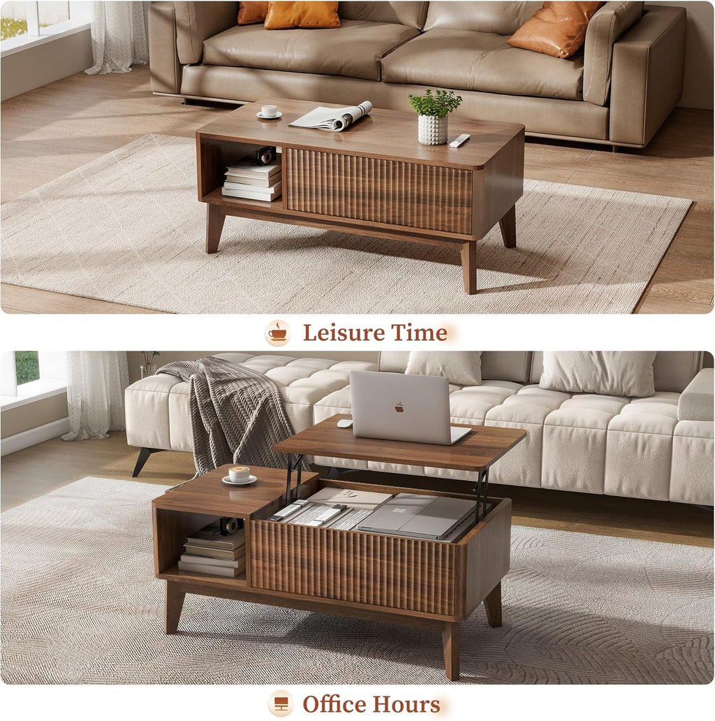 LYNCOHOME Fluted Lift Top Coffee Table with Storage, Modern Coffee Table for Living Room, Home Office（Walnut）