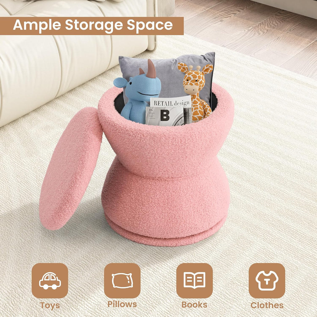 EazeHome Round Ottoman with Storage, 360° Swivel Boucle Ottoman Vanity Stool, Upholstered Footstool with Storage Removable Lid, Modern Footrest Coffee Table for Living Room, Dorm, Makeup Room, Pink