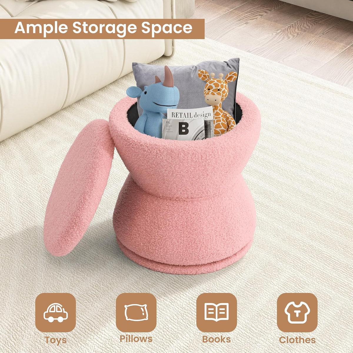 EazeHome Round Ottoman with Storage, 360° Swivel Boucle Ottoman Vanity Stool, Upholstered Footstool with Storage Removable Lid, Modern Footrest Coffee Table for Living Room, Dorm, Makeup Room, Pink