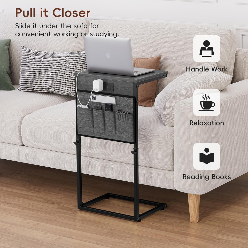 Vagusicc C-Shaped End Table with Charging Station, Small Side Table for Couch, 33" Tall Adjustable Height C Table, Couch Tables that Slide Under, Sofa Table TV Tray for Living Room, Gray Walnut
