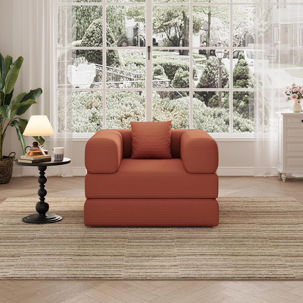 Single Couch Sofa for Small Spaces, 2-in-1 Single Sofa with Soft Corduroy Foldable Chair Lounger Sleeper Sofas for Small Apartment, Living Room, Home Office (Orange, 35.43" Single Sofa)