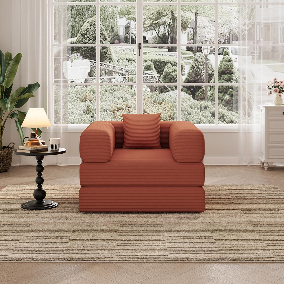 Single Couch Sofa for Small Spaces, 2-in-1 Single Sofa with Soft Corduroy Foldable Chair Lounger Sleeper Sofas for Small Apartment, Living Room, Home Office (Orange, 35.43" Single Sofa)