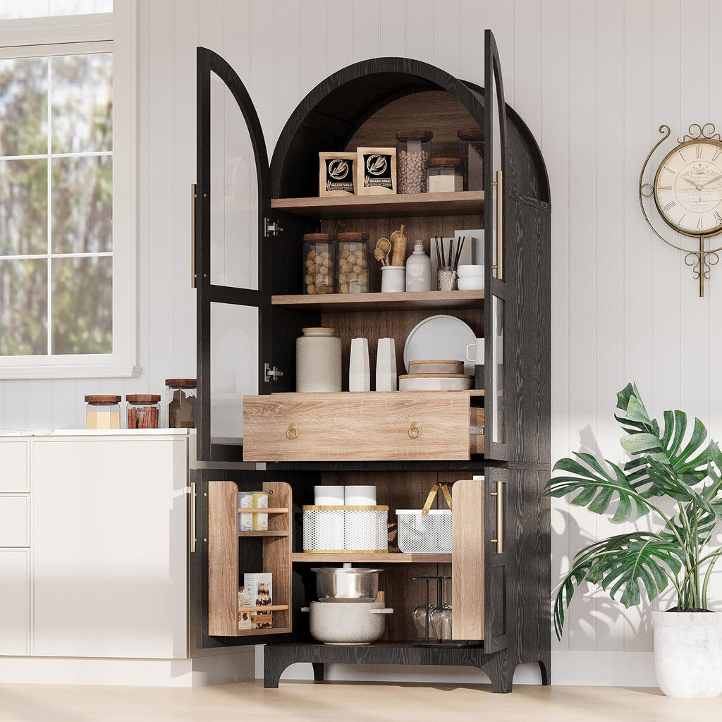 Kitchen 71" Arched Pantry Hidden Storage，Black-V | Adjustable Shelves Soft-Close Doors Anti-Tip Safety 4-Door Racks Durable MDF Multi-Room Use