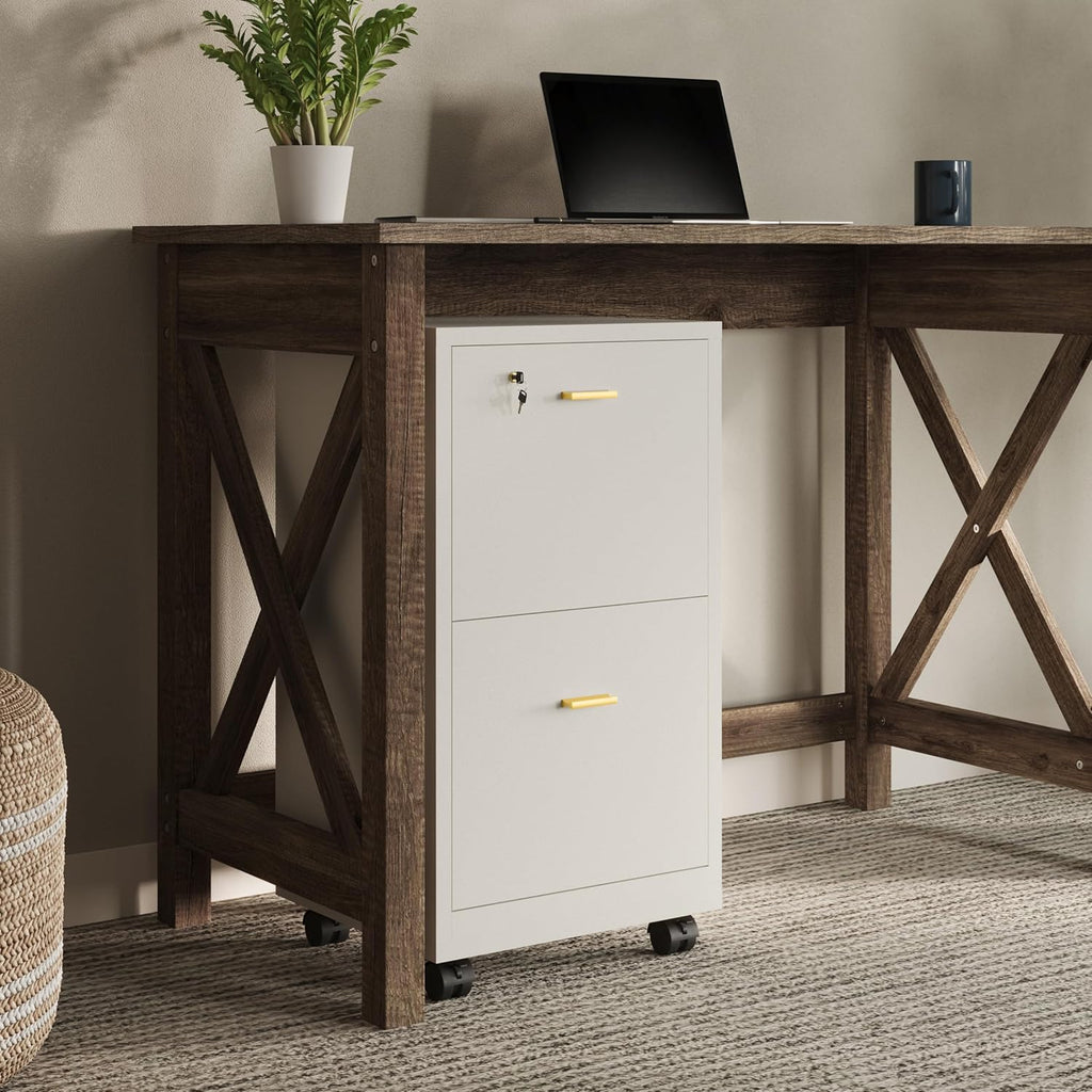 Lavish Home 2 Drawer File Cabinet - Filing Cabinet with Lock - Rolling File Cabinet for Under Desk Storage - Wood Filing Cabinet for Home or Office Organization (White)