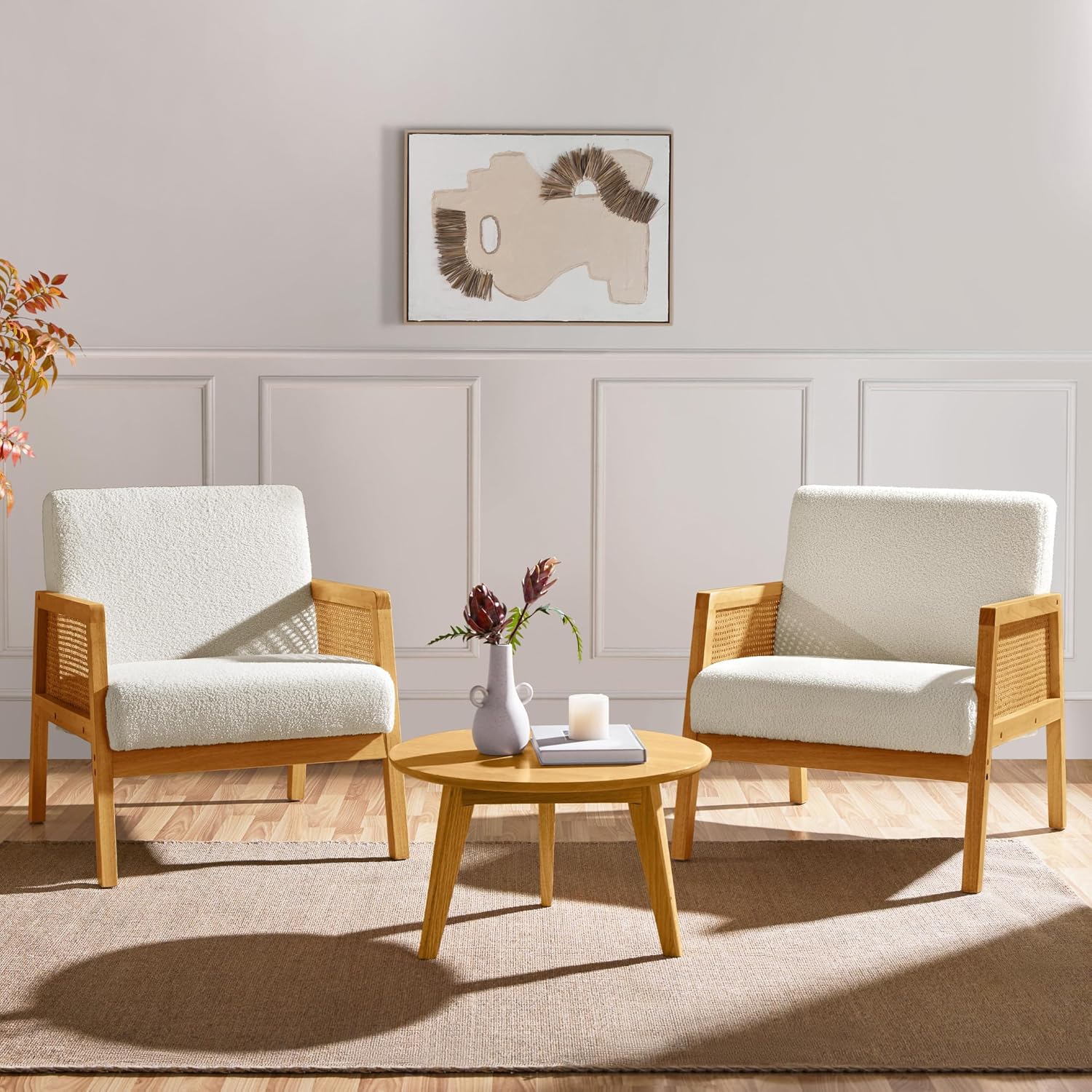 Yaheetech Rattan Accent Chairs Set of 2, Boho Vintage Armchairs, Ivory