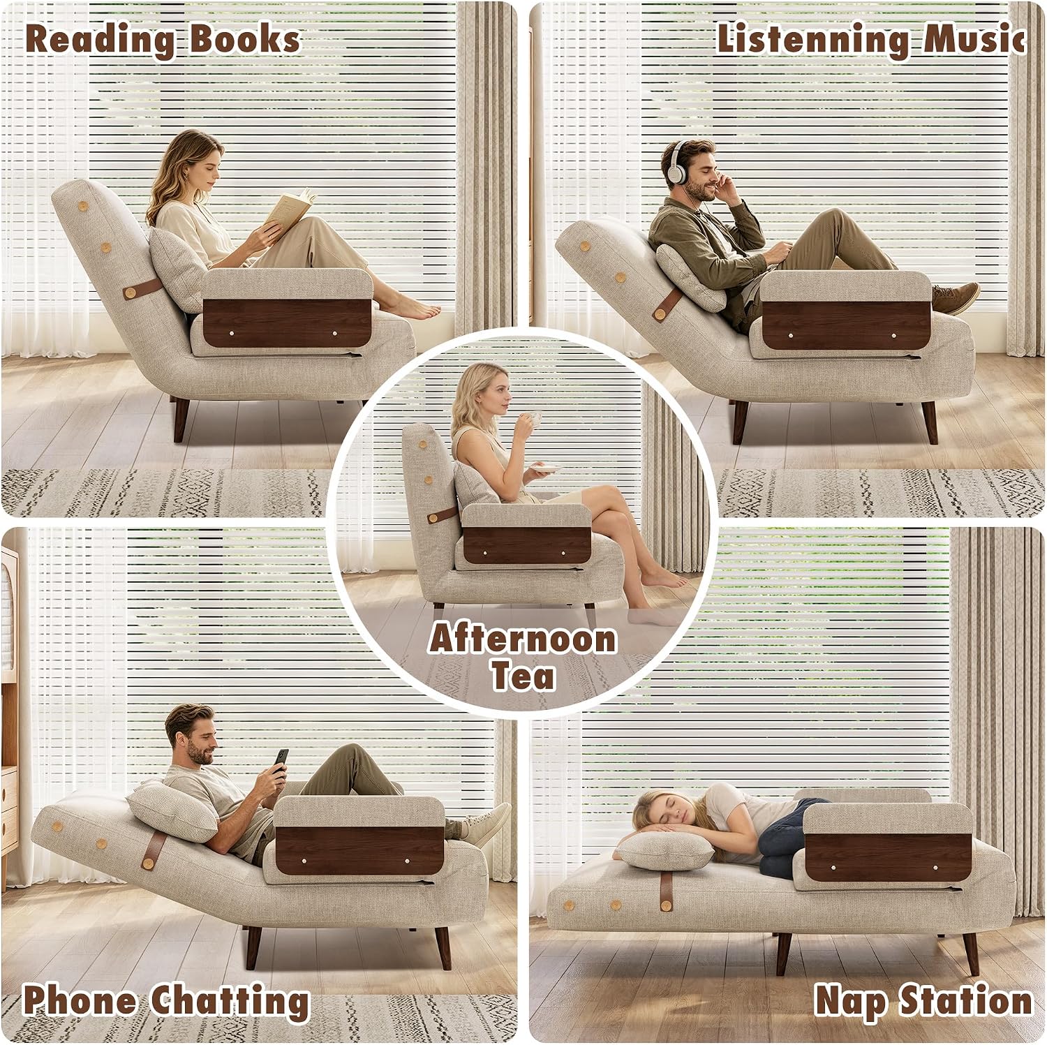 JASIWAY 3-in-1 Convertible Sleeper Chair, 37" Sofa Bed with Walnut Armrest