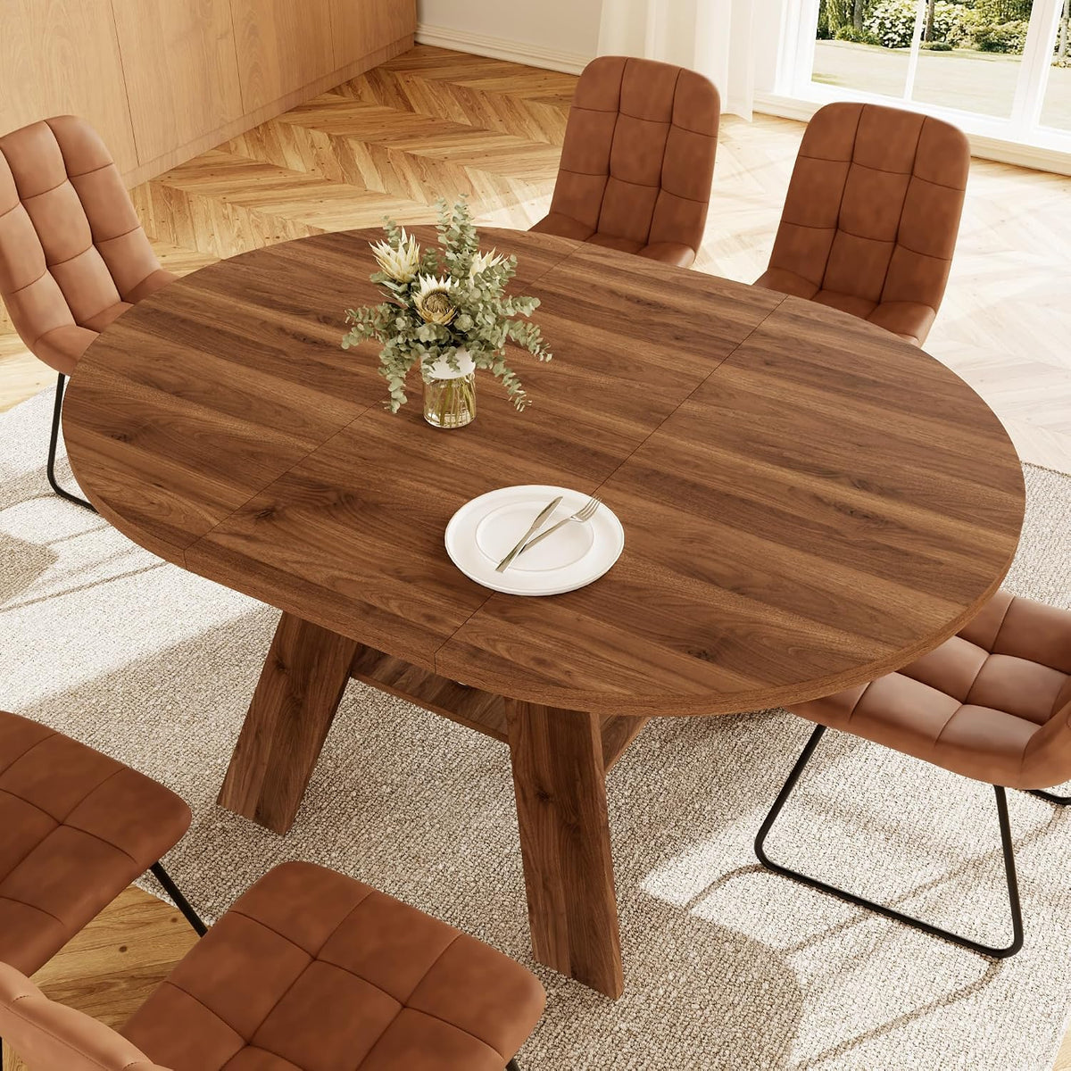 HIPIHOM 43"-59" Extendable Round Dining Table for 4-6, Walnut | Oval Kitchen Table for 4-6, Removable leaf & Storage Shelf, Space-saving for Kitchen, Living Room