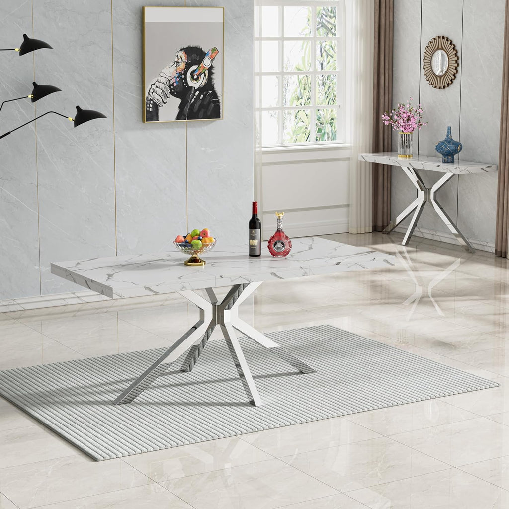 70 inch Faux Marble Dining Table for 4-6, Modern Kitchen Table with White Faux Marble Tabletop, Silver Stainless Steel X Base, Rectangular Dining Room Table for Dinner, Party, Meeting, Celebration