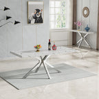 70 inch Faux Marble Dining Table for 4-6, Modern Kitchen Table with White Faux Marble Tabletop, Silver Stainless Steel X Base, Rectangular Dining Room Table for Dinner, Party, Meeting, Celebration