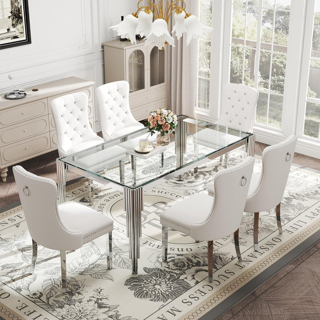 Modern Rectangle Glass Dining Table, 65" Clear Tempered Glass Desktop with Silver Mirrored Stainless Steel Legs, Stylish Elegant for 6 People, for Kitchen, Living Room, Office