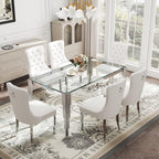 Modern Rectangle Glass Dining Table, 65" Clear Tempered Glass Desktop with Silver Mirrored Stainless Steel Legs, Stylish Elegant for 6 People, for Kitchen, Living Room, Office