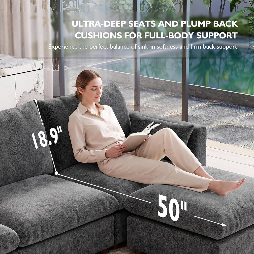 Ihanherry 146" Oversized Modular Sectional Sofa, Modern V Shaped Cloud Couch with 2 Storage Ottoman, 8-Seat Comfy Chenille Deep Seat Sofa with 2 Pillows for Living Room, Grey