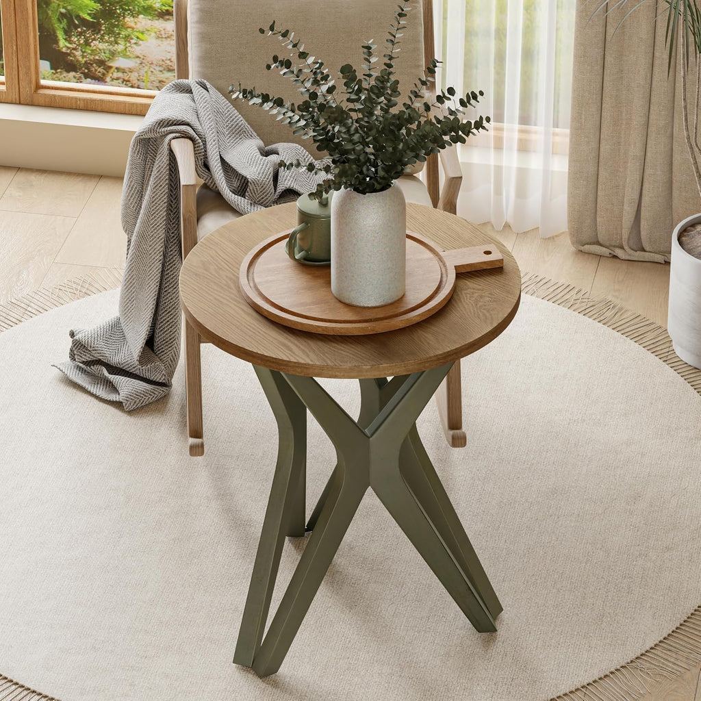 Pedestal Farmhouse End Table, Distressed Top with Tripod Base Bedside Table for Living Room, Modern, Boho, Round, Sage Green