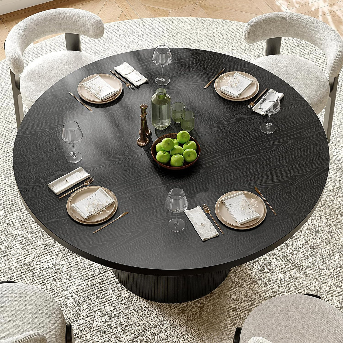 47 inch Round Dining Table for 4, Circle Kitchen Table with Wood Strip Base, Modern Farmhouse Dinner Tables for Kitchen, Living Room (Black)