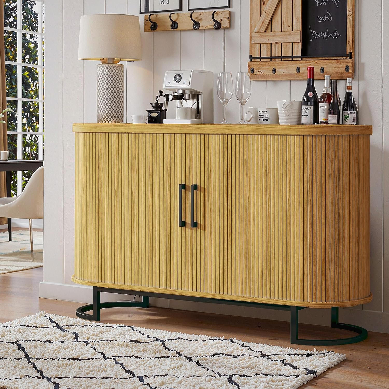 HUAHUU Sideboard Buffet Cabinet with Storage, 47.2" Fluted Storage Cabinet with Sliding Door & Adjustable Shelf, Modern Accent Coffee Bar Console Cabinet for Living Room Kitchen, Natural Oak