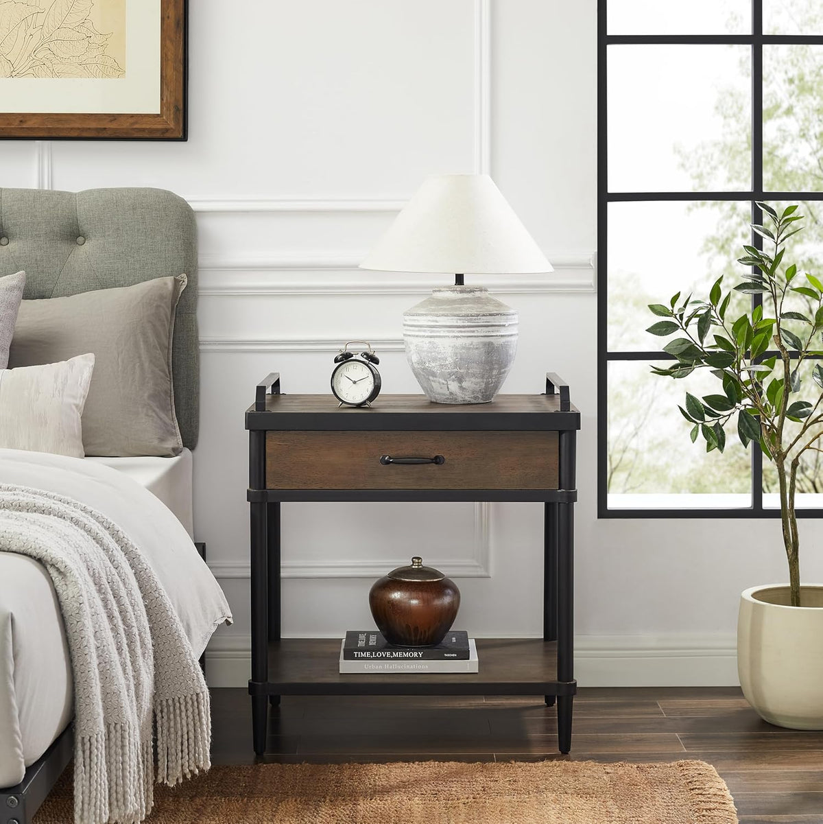 Art Leon Side Table - Mid Century Modern Night Stand, Bedside Table with Wood Drawer, End Table with Storage Shelf for Living Room, Walnut