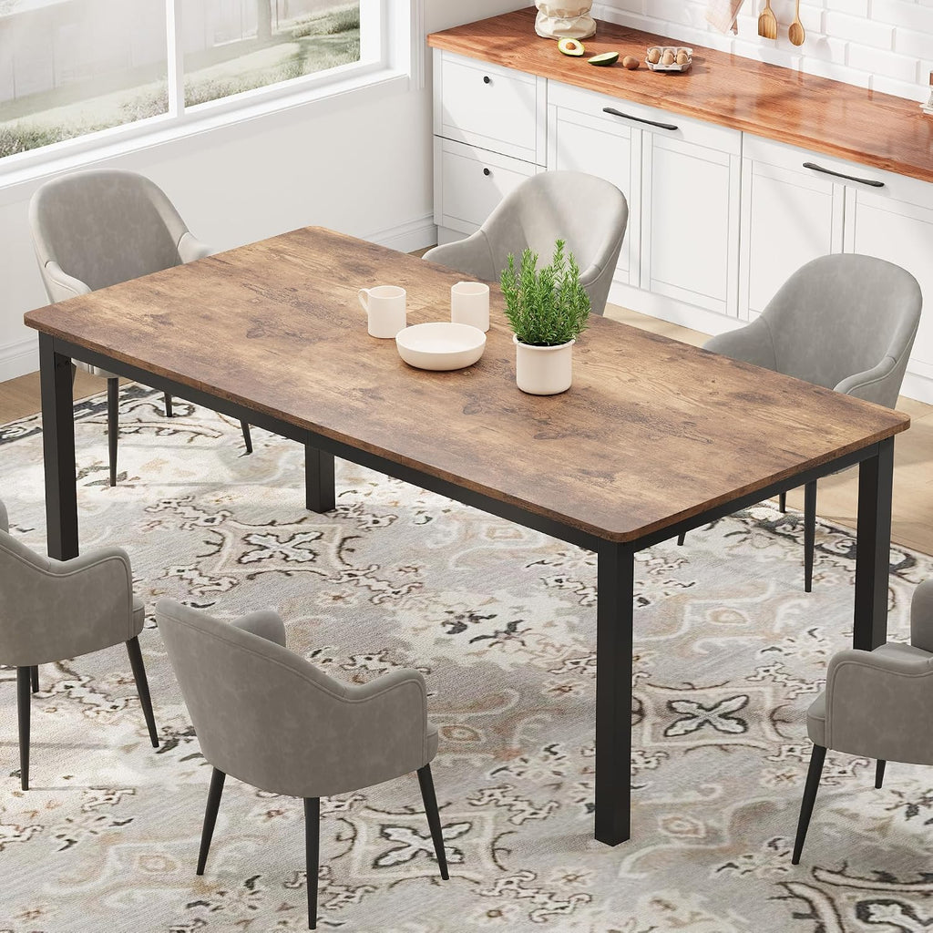 79 Inch Industrial Dining Table, Large Rectangle Kitchen Table with Metal Legs, Round Corners, Wooden Conference Tables Writing Desk for Dining Room, Living Room, Retro Brown
