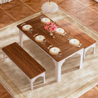HUAHUU 63" Farmhouse Dining Table Set for 4-6, Kitchen Table with 2 Benches, Space Saving 3-Piece Rectangle Wooden Dinette Table Set for Dining Room, Breakfast Nook, Small Space, Brown & White