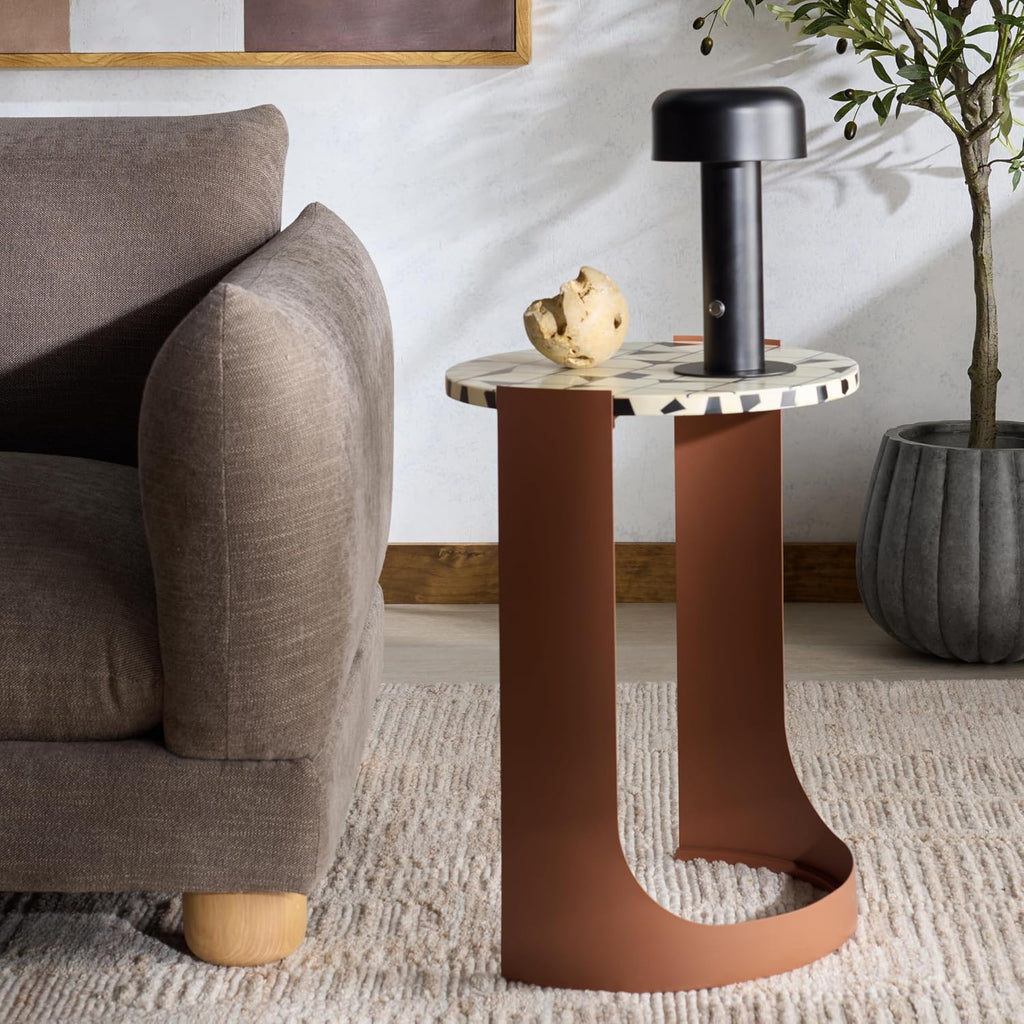 SAFAVIEH Couture Collection - Tomlinson Brown & White Metal Accent Table, Sculptural Modern Side Table, High-Gloss Resin Round Top, Fully Assembled (SFV6805B)