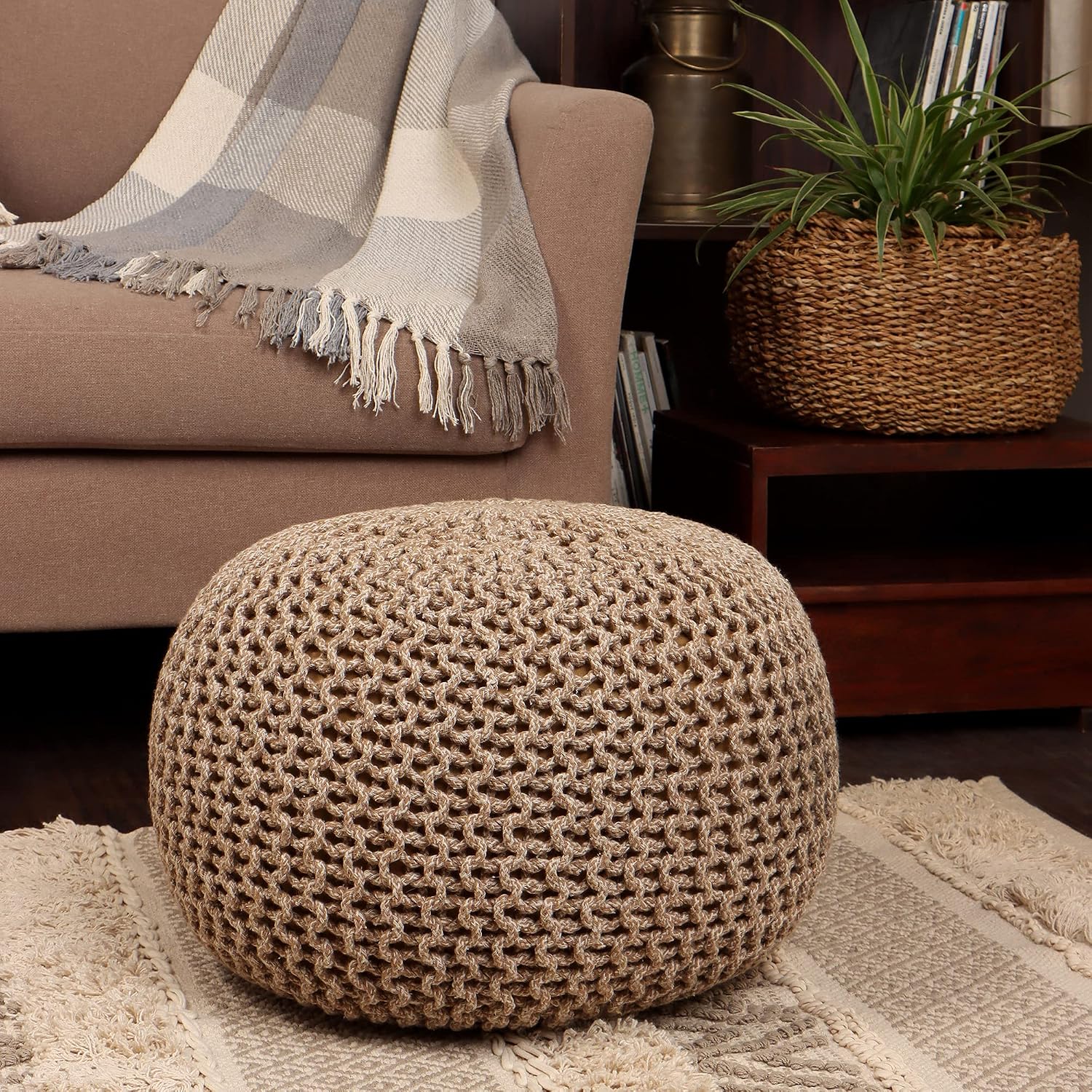 · REDEARTH · Round Pouf Ottoman - Hand Knitted Boho Poof - Beige Ivory